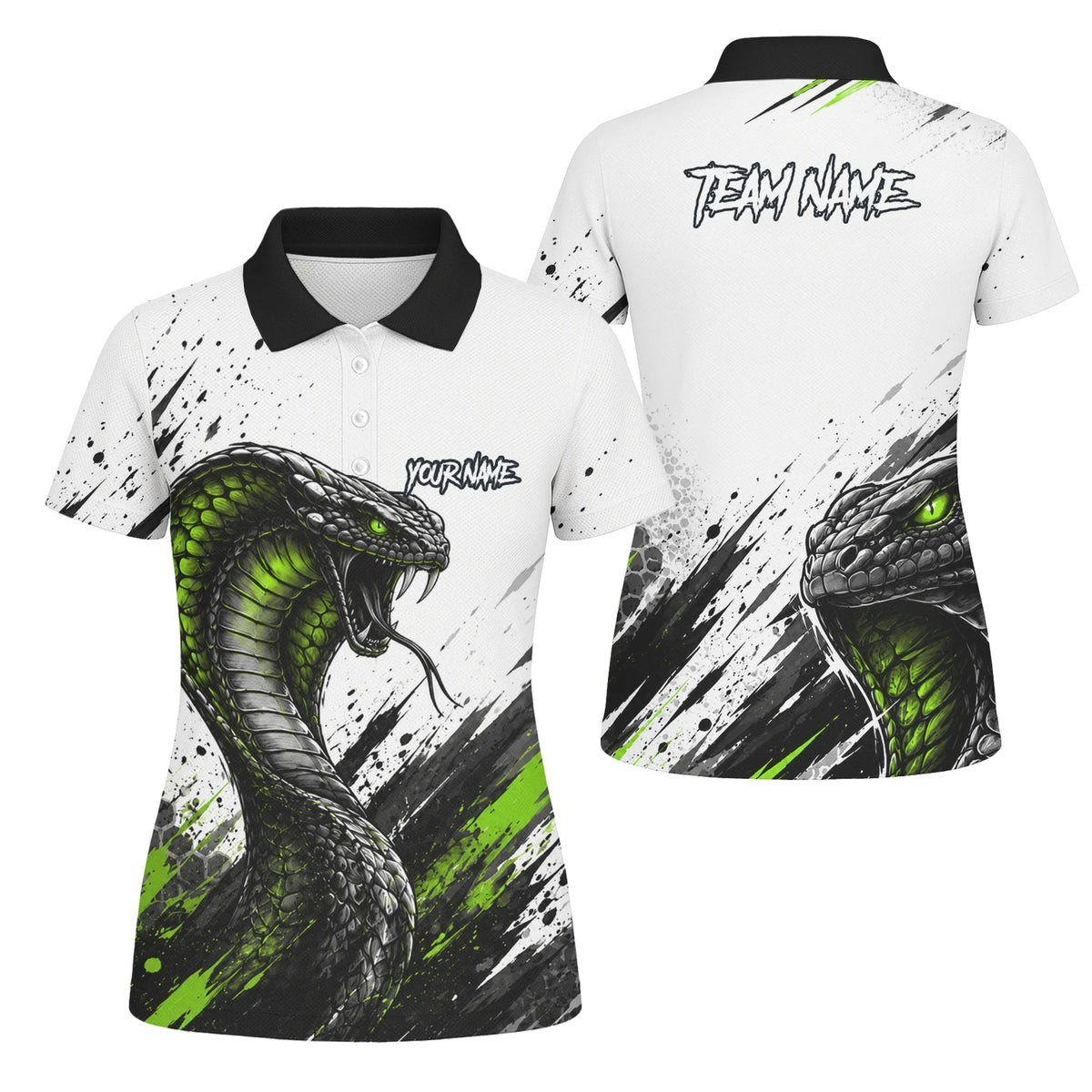Personalisiertes Dartshirt mit weiß-schwarz-grüner Kobra für Damen Y070