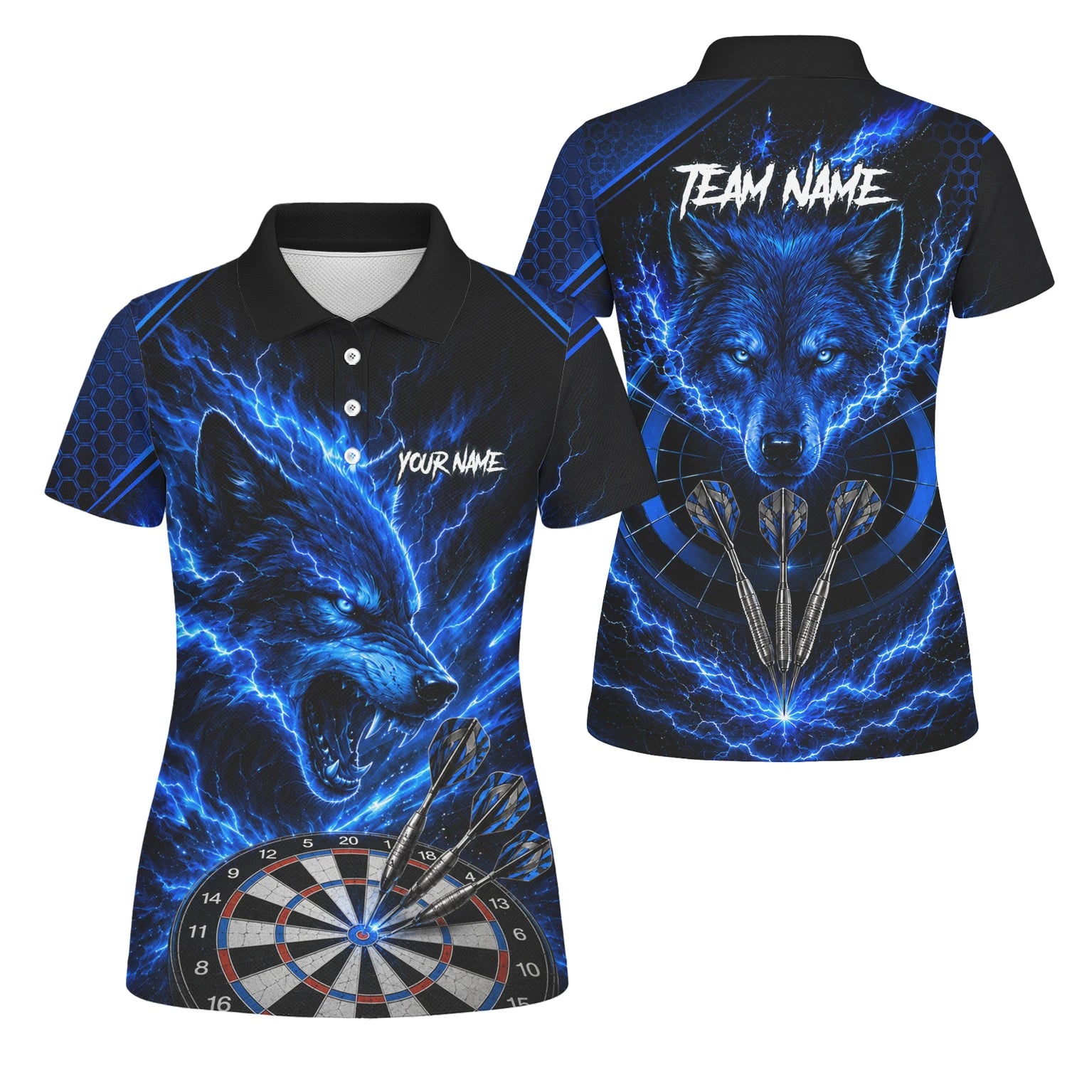 Personalisiertes Schwarz-blaues Wolf-Blitz-Dartshirt für Damen Y375