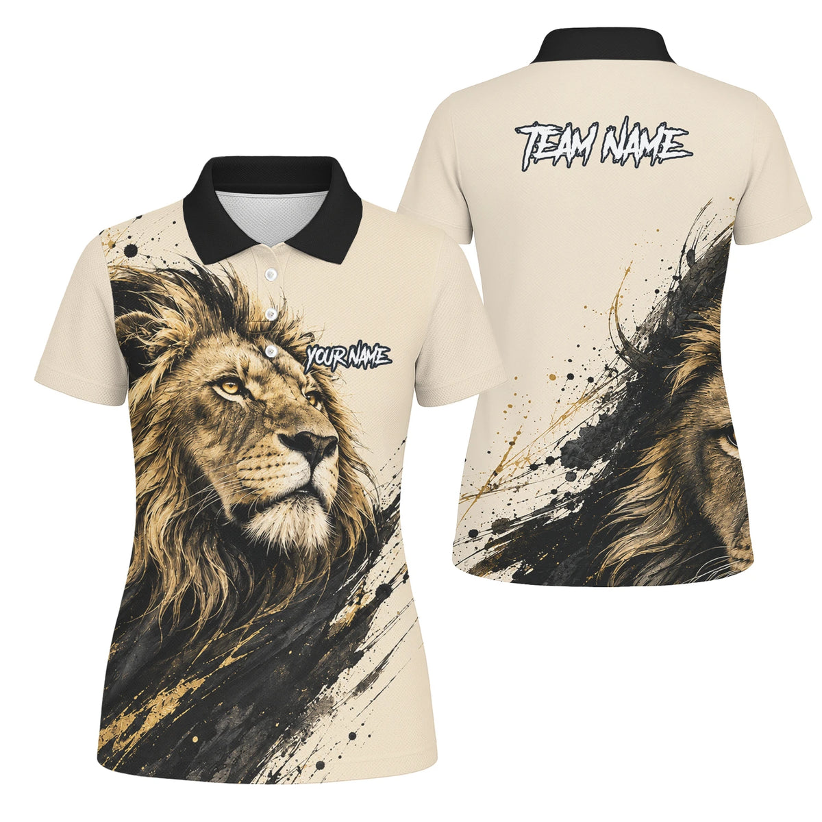 Personalisiertes Dartshirt mit creme-schwarz-goldenem Löwen für Damen Q209