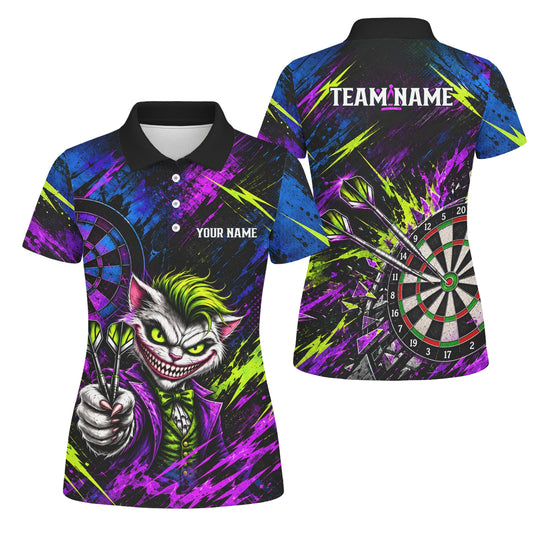 Personalisiertes Dartshirt in Schwarz, Grün und Lila mit grinsender Katze und Dartscheibe für Damen U0497