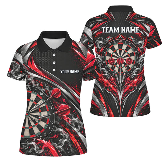Personalisiertes Dartshirt in Schwarz, Rot und Silber mit geschwungenen Linien und Dartscheibe für Damen L9172