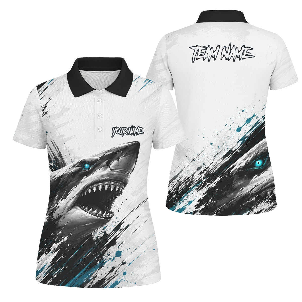 Personalisiertes Dartshirt mit weiß-schwarz-türkisem Hai für Damen D067