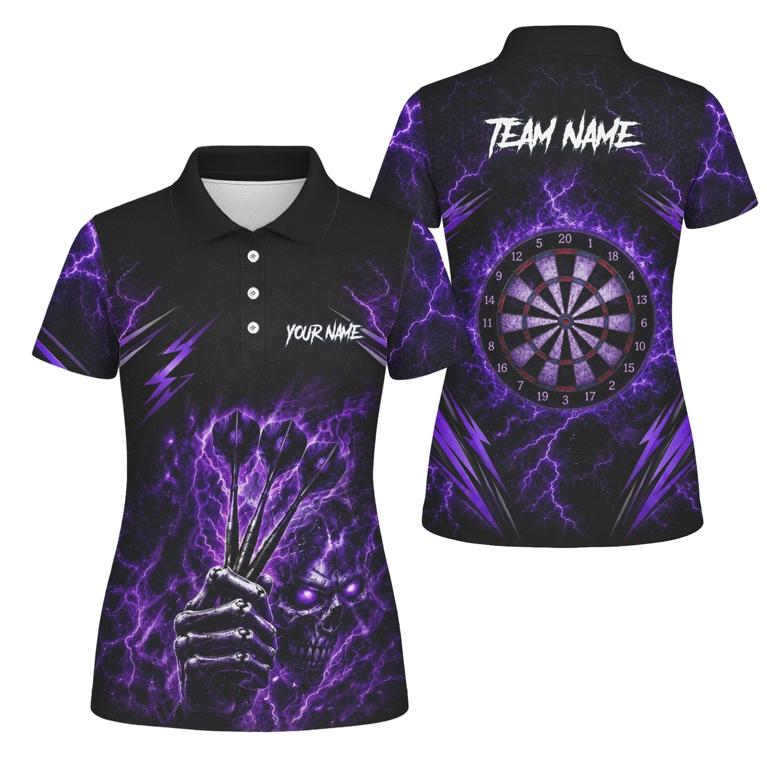 Personalisiertes Schwarz-lila Skeletthand-Dartshirt für Damen H822
