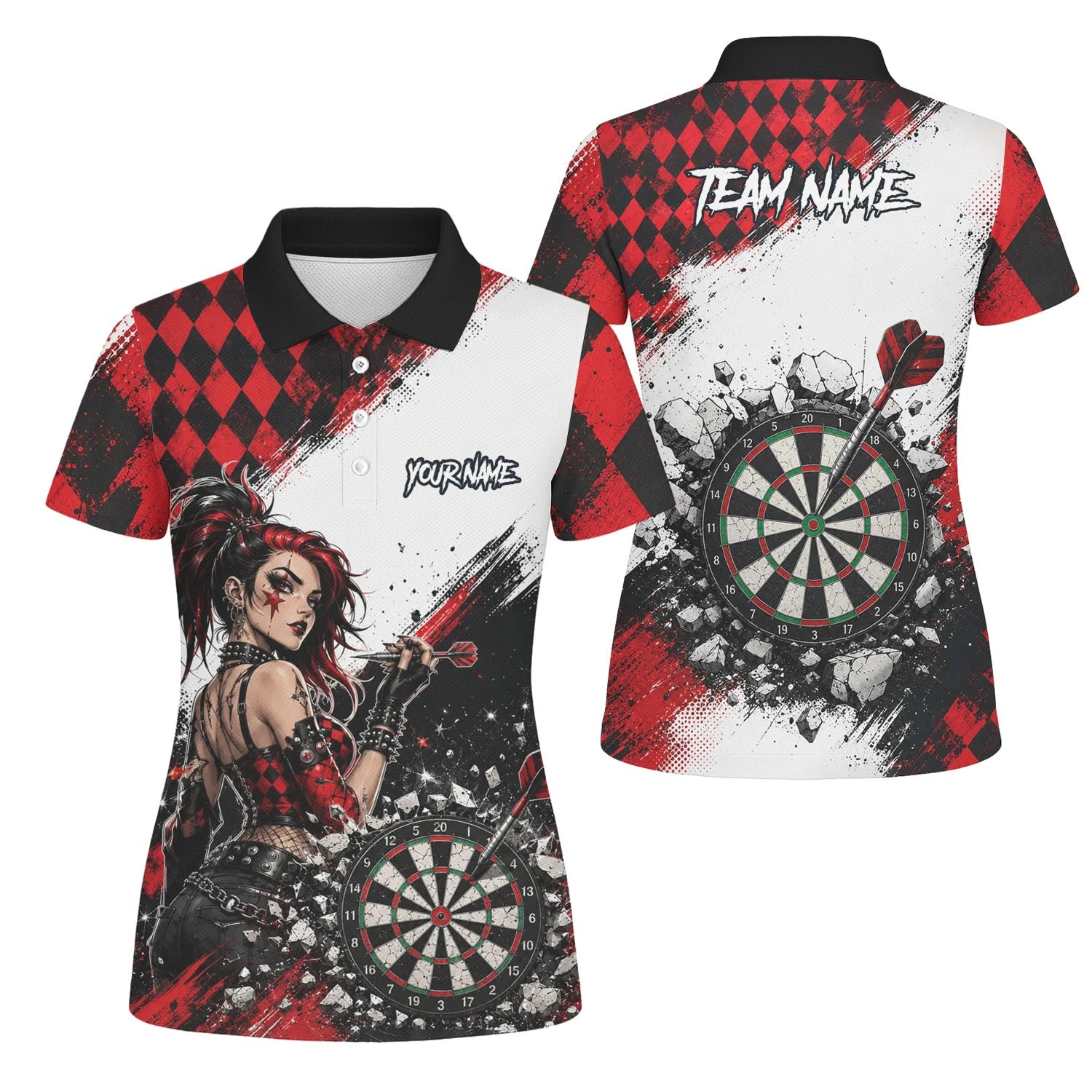 Personalisiertes Rot-schwarzes Gothic-Harlekin Dart Poloshirt für Damen K572