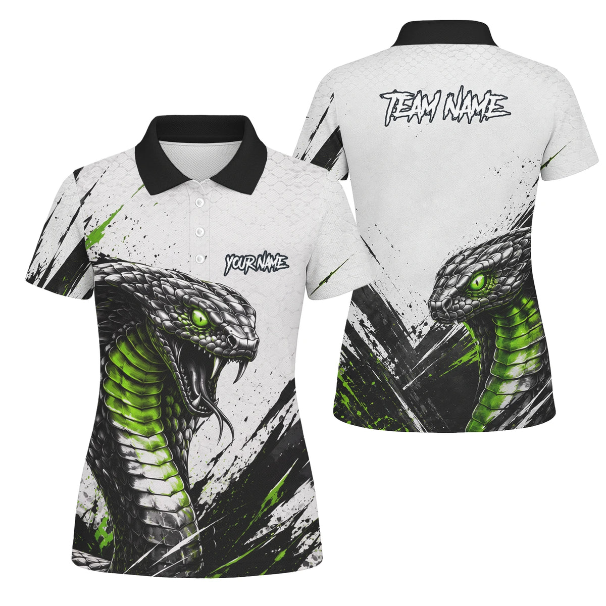 Personalisiertes Dartshirt mit weiß-schwarz-grüner Kobra für Damen A017