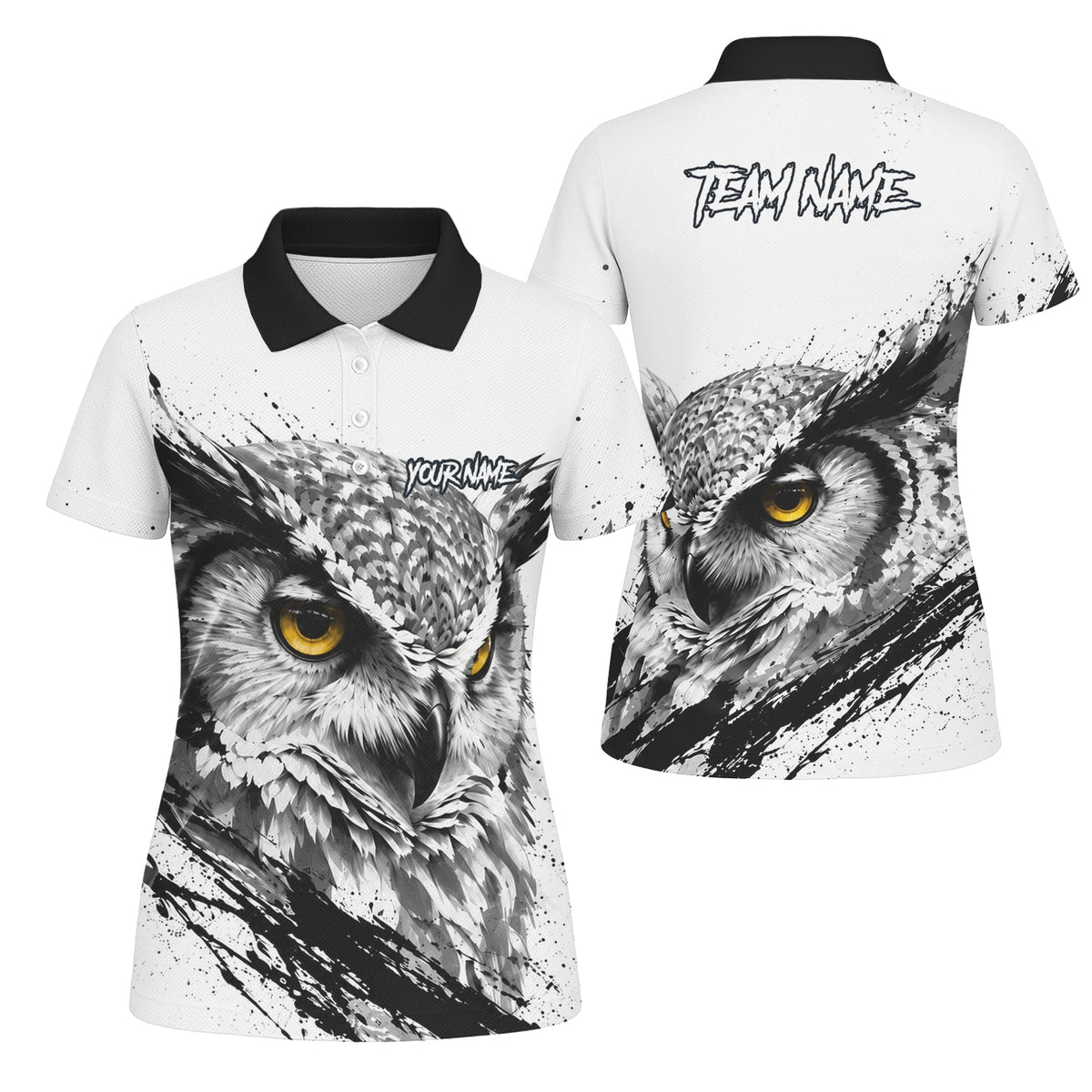 Personalisiertes Dartshirt mit weiß-schwarz-gelber Eule für Damen P128