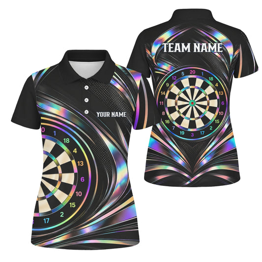Personalisiertes Dartshirt in Schwarz mit regenbogenfarbenen Schwüngen und Dartscheibe für Damen Y5240