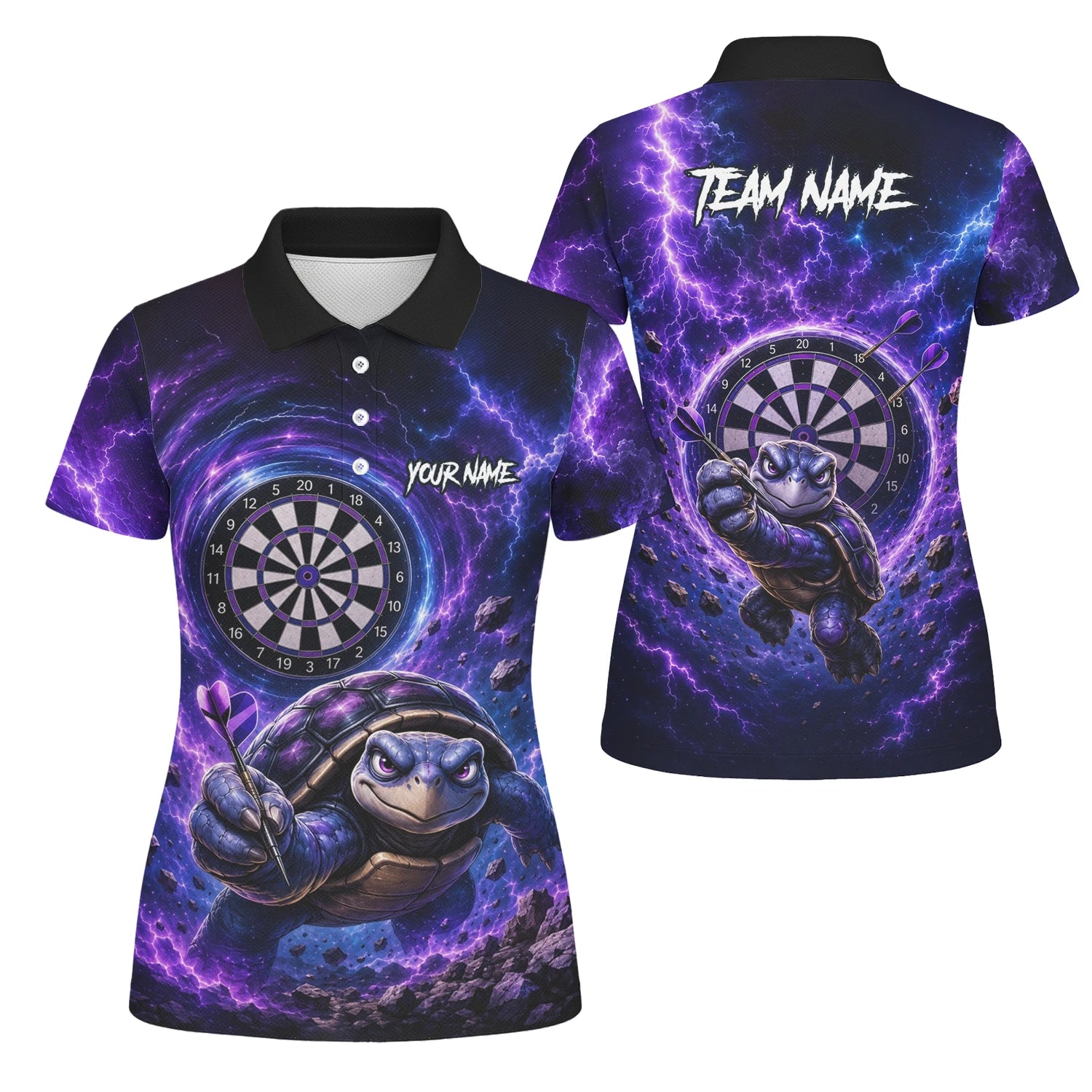 Personalisiertes Lila-schwarzes Schildkröten-Dartshirt für Damen F796