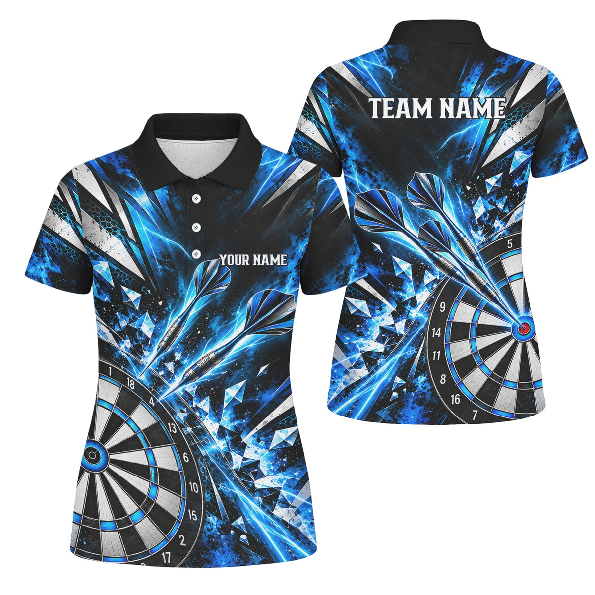 Personalisiertes Dartshirt in Schwarz, Blau und Silber mit geometrischen Splittern, Dartpfeilen und Dartscheibe für Damen N0176