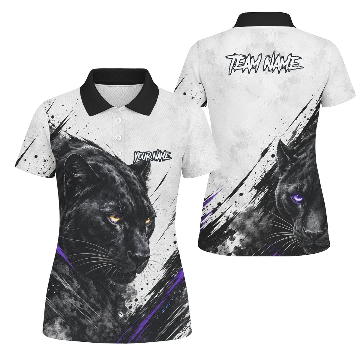 Personalisiertes Dartshirt mit weiß-schwarz-violettem Panther für Damen W442
