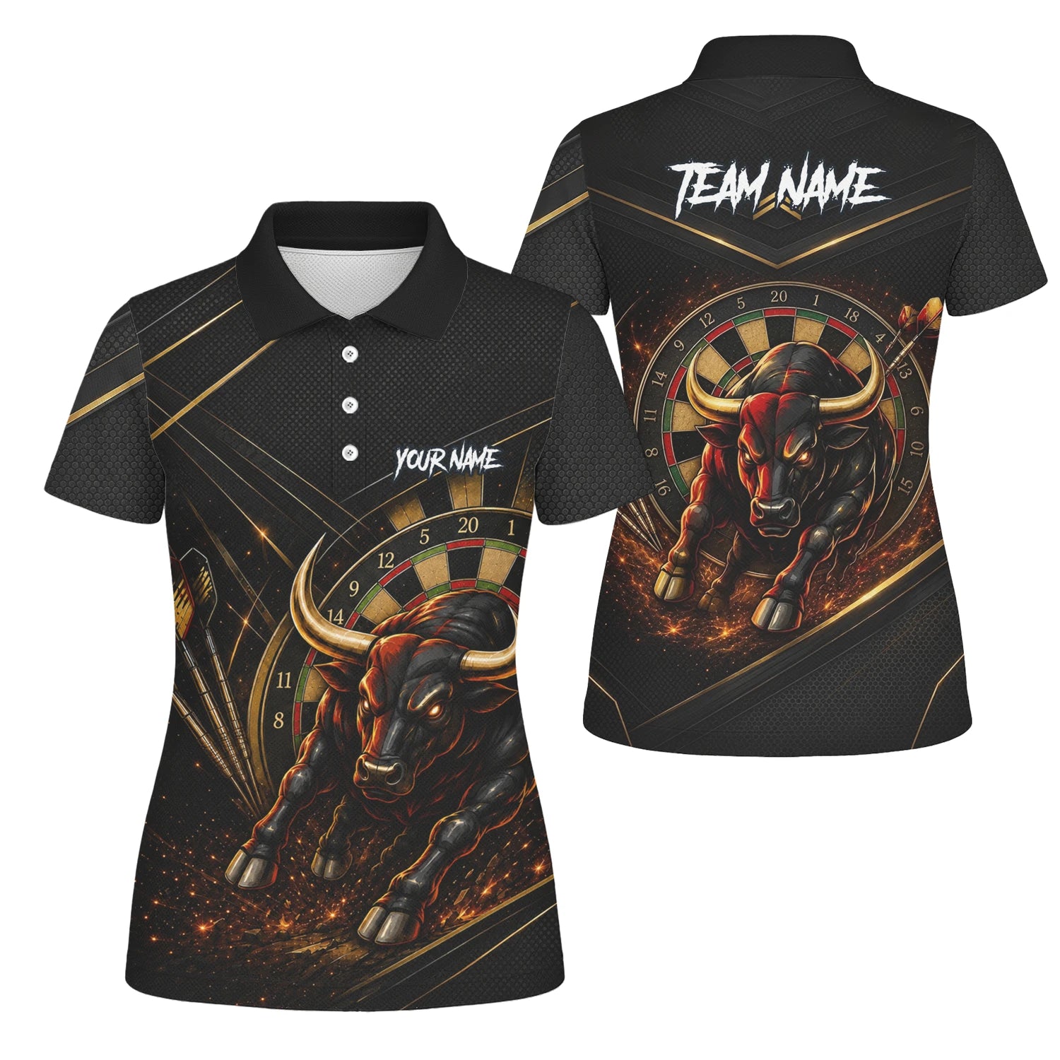 Personalisiertes Schwarz-goldenes Stier Dart Poloshirt für Damen K607