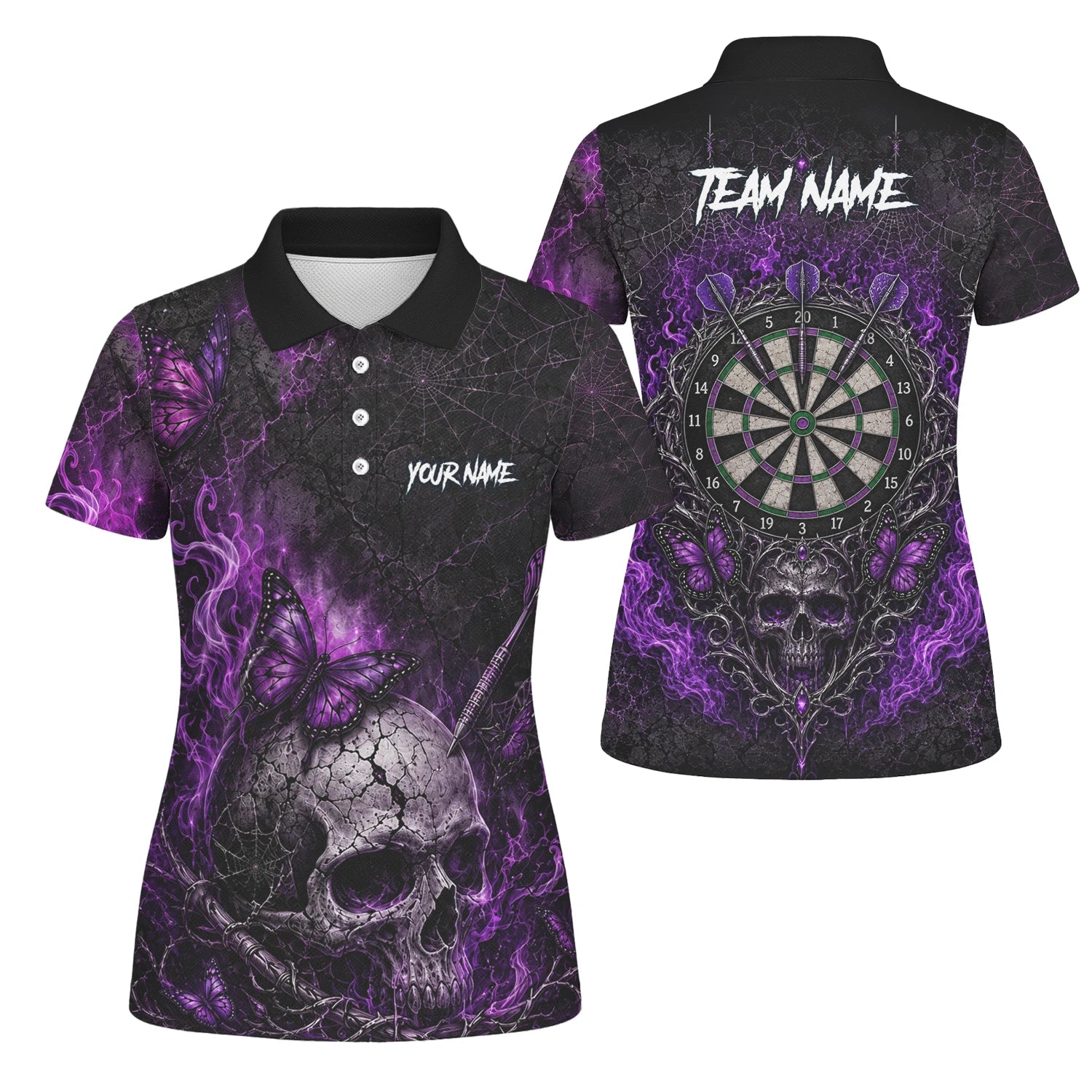 Personalisiertes Schwarz-lila Totenkopf-Schmetterling-Dartshirt für Damen Q241