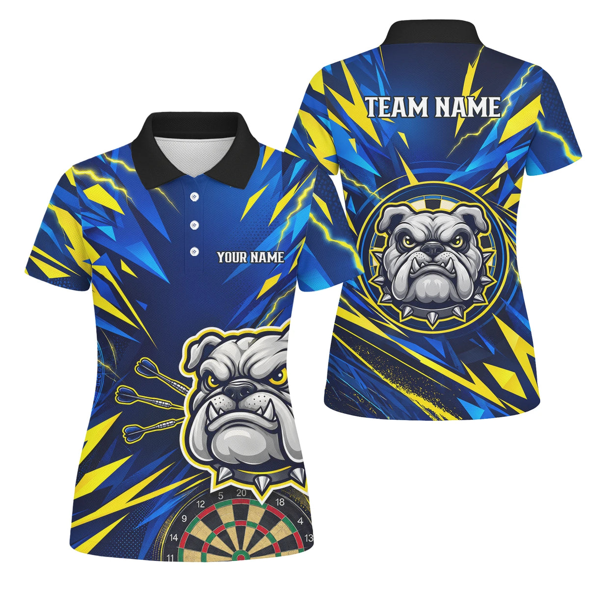 Personalisiertes Dartshirt in Blau und Gelb mit Bulldogge, Blitzen und Dartscheibe für Damen H1141