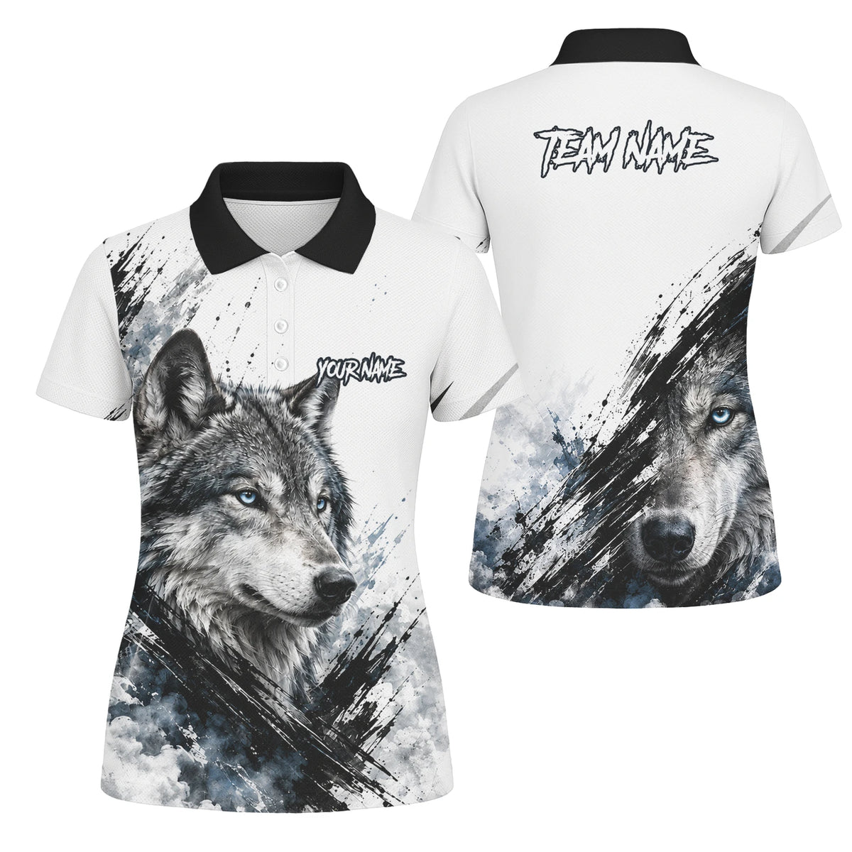 Personalisiertes Dartshirt mit weiß-schwarz-blauem Wolf für Damen P634