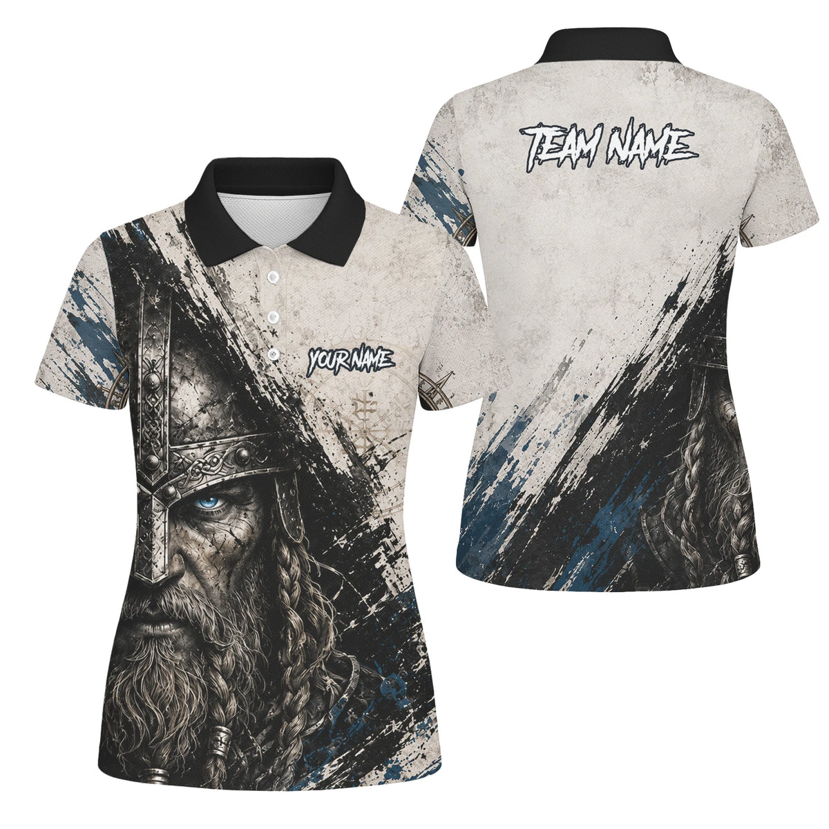 Personalisiertes Dartshirt mit weiß-schwarz-blauem Wikinger für Damen U843