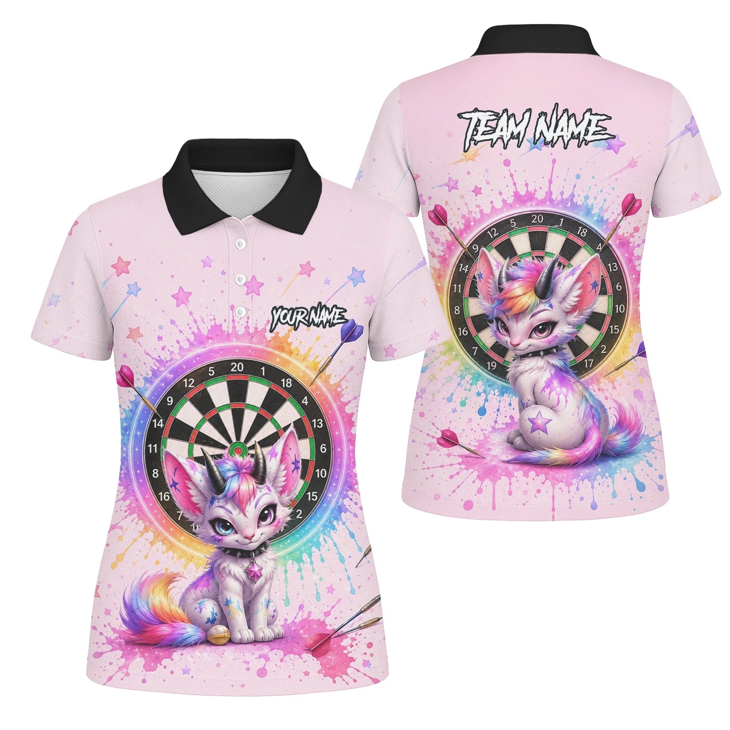 Personalisiertes Rosa Regenbogen Einhorn-Katzen-Dartshirt für Damen X398