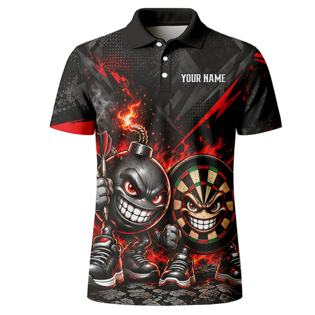 Personalisiertes Dartshirt in Schwarz und Rot mit feurigen Comic-Bomben und Dartscheibe für Herren U4656