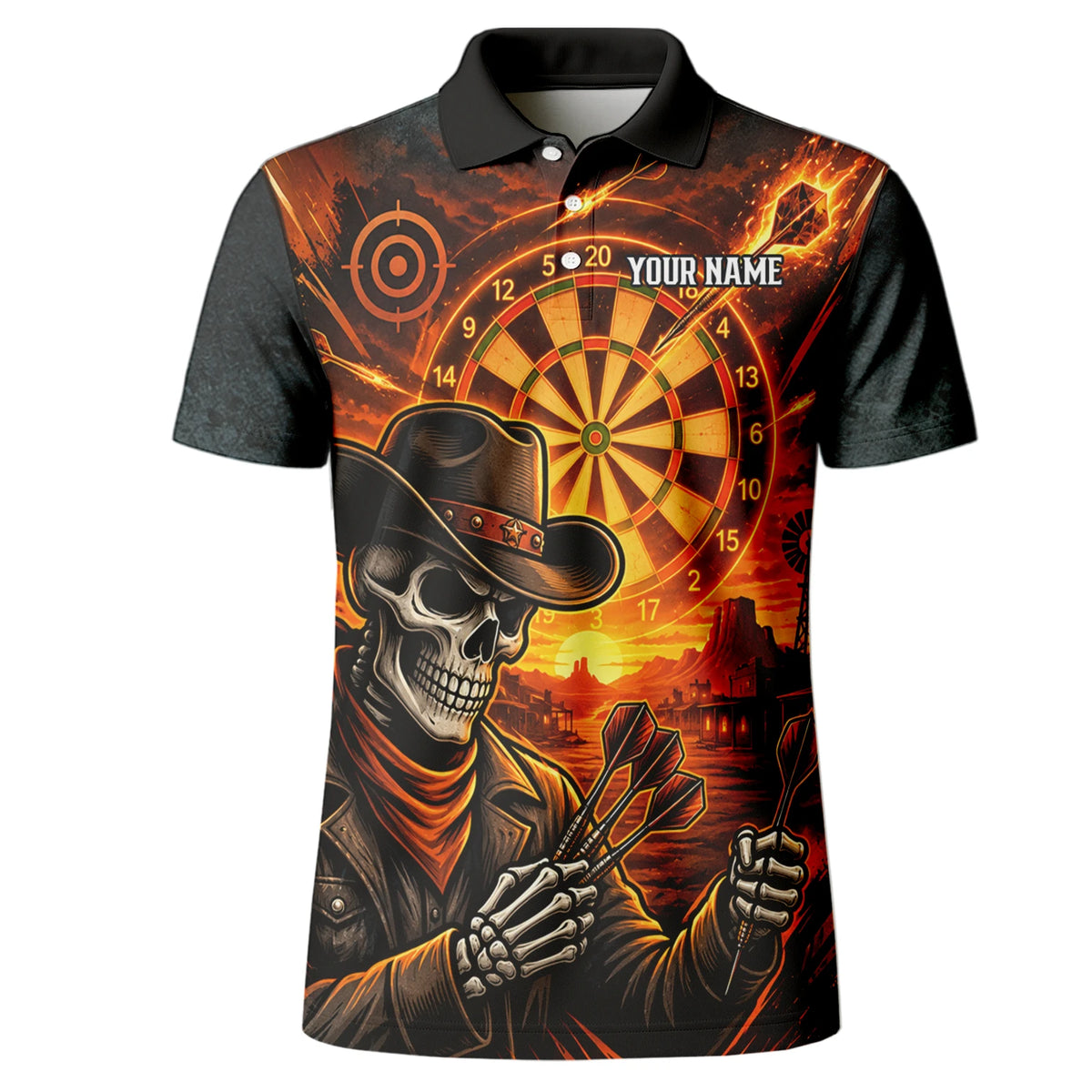 Personalisiertes Dartshirt in Schwarz und Orange mit Western-Cowboy-Totenkopf und Dartscheibe für Herren L8691