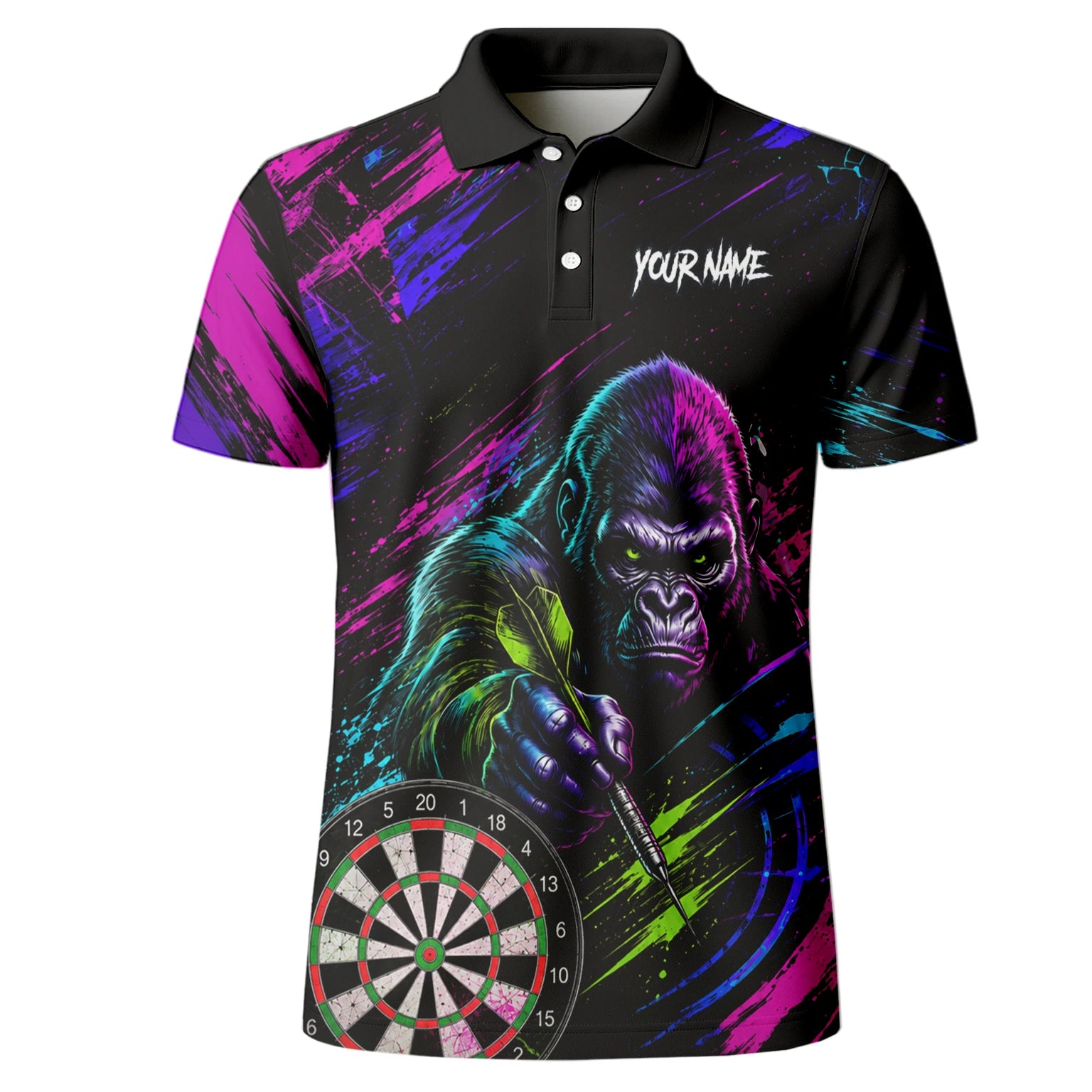 Personalisiertes Schwarz-pink-lila Gorilla-Dartshirt für Herren U874