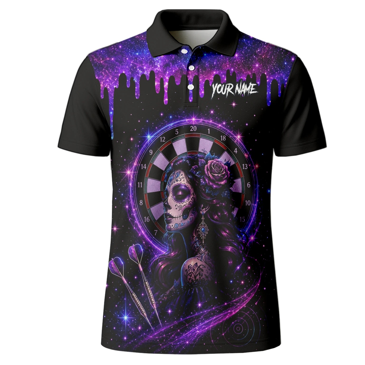 Personalisiertes Lila Galaxie Sugar-Skull-Dartshirt für Herren Z967