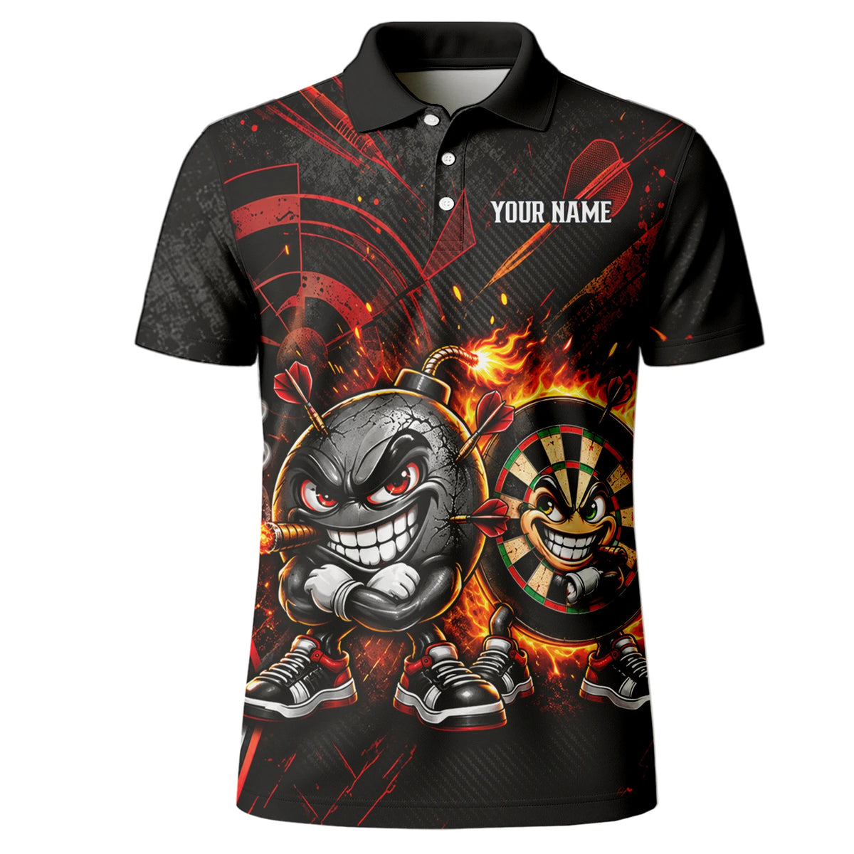 Personalisiertes Dartshirt mit schwarz-roter wütender Comic-Bombe und Dartscheibe für Herren C3423