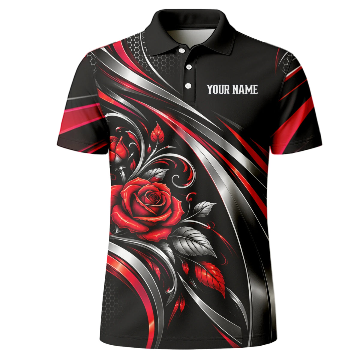 Personalisiertes Dartshirt in Schwarz, Rot und Silber mit Rosen, Flügeln und Dartscheibe für Herren Y2535