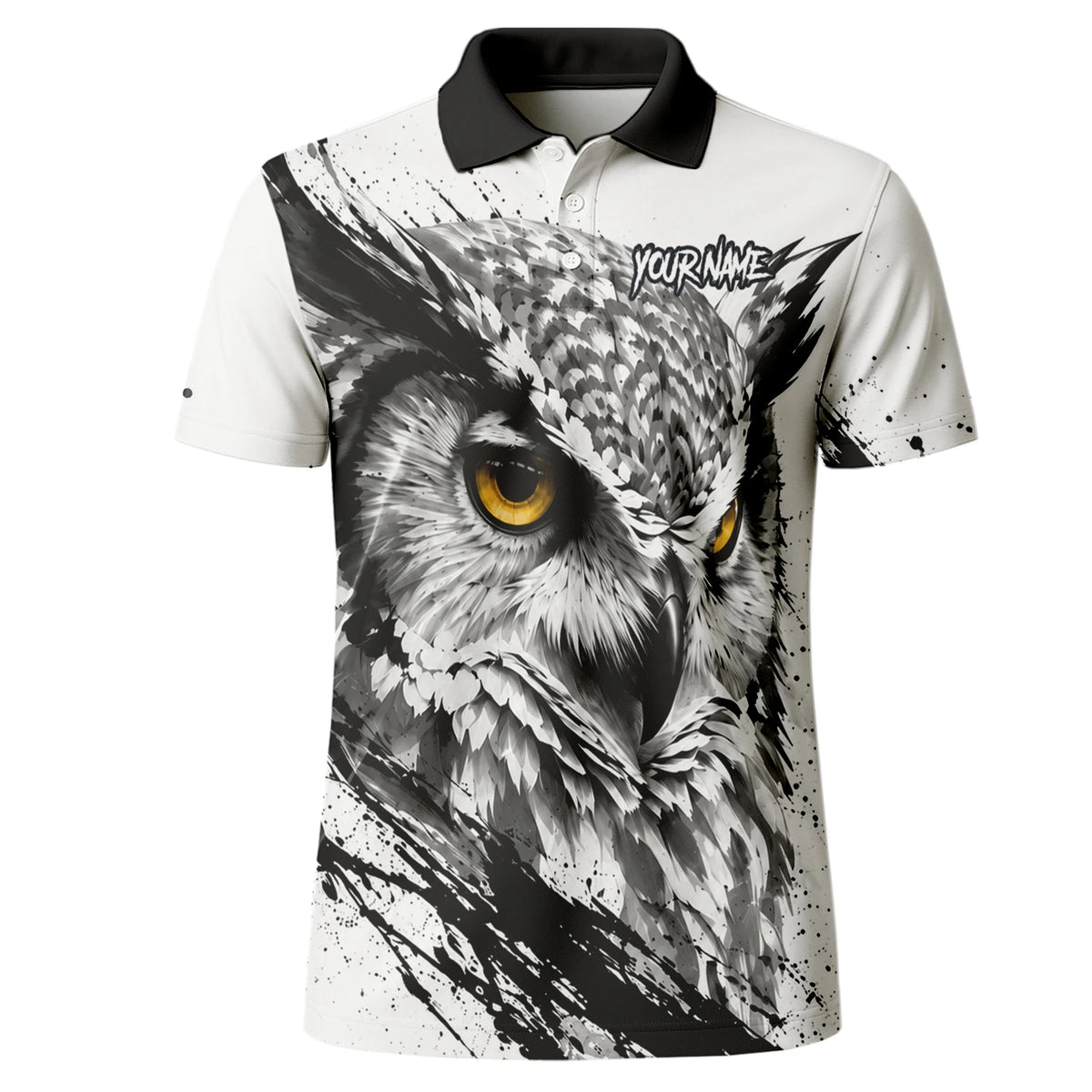 Personalisiertes Dartshirt mit weiß-schwarz-gelber Eule für Herren P128