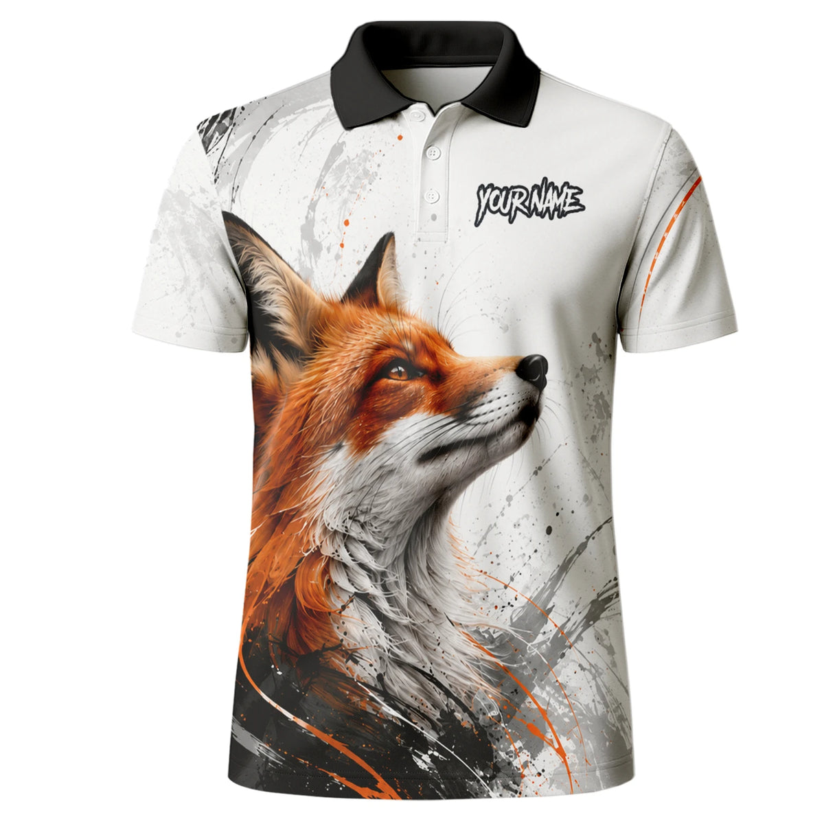 Personalisiertes Dartshirt mit weiß-schwarz-orangenem Fuchs für Herren D228