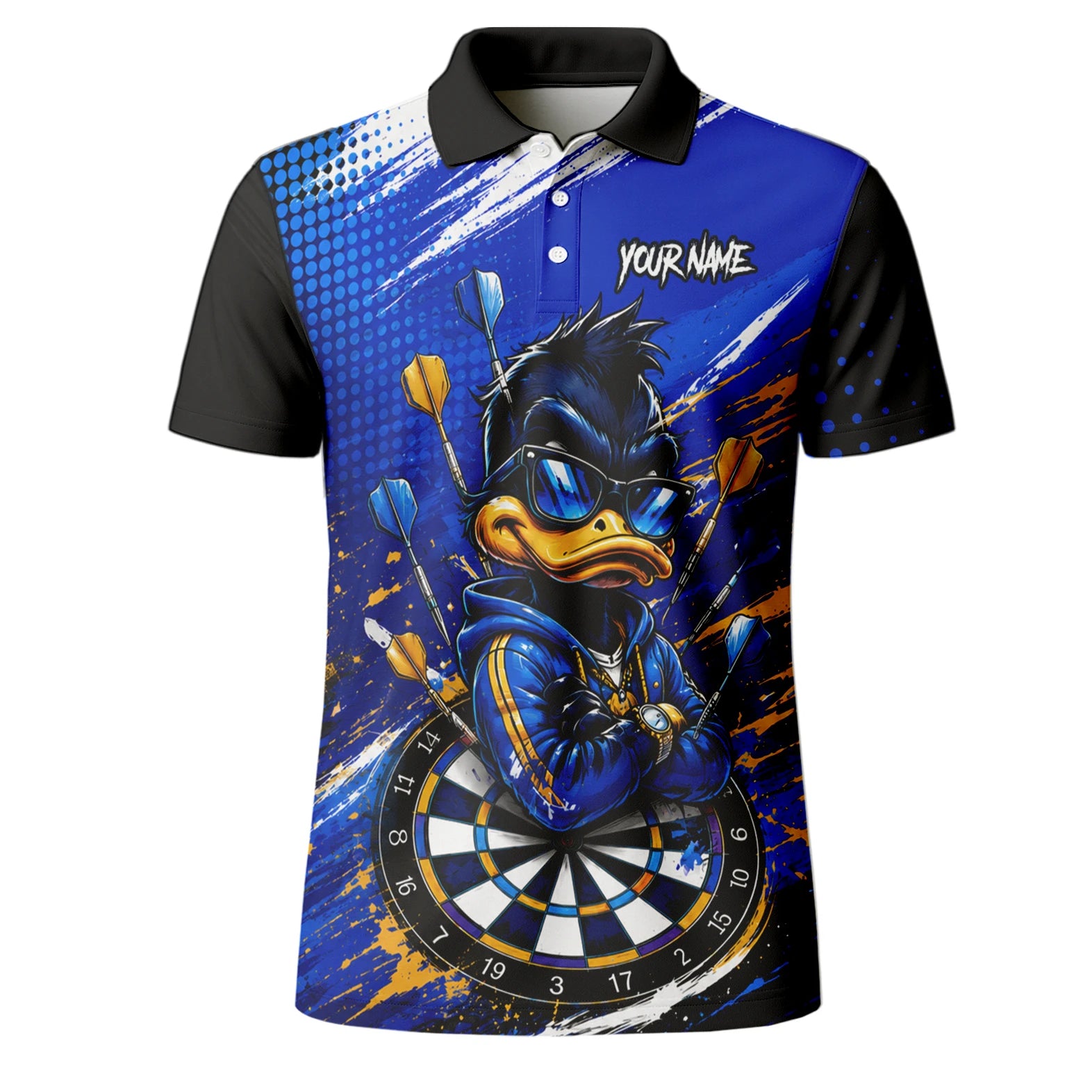 Personalisiertes Blau-goldenes Enten Dart Poloshirt für Herren L859