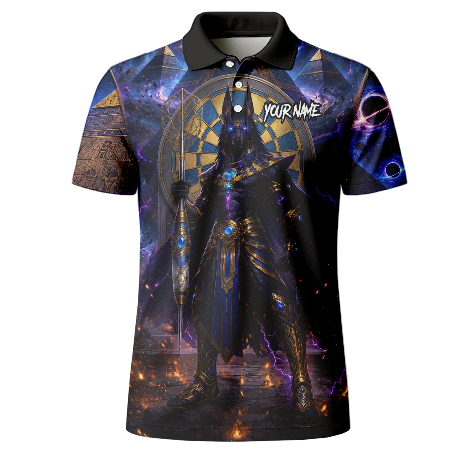 Personalisiertes Blau-gold-schwarzes Anubis-Dartshirt für Herren N118