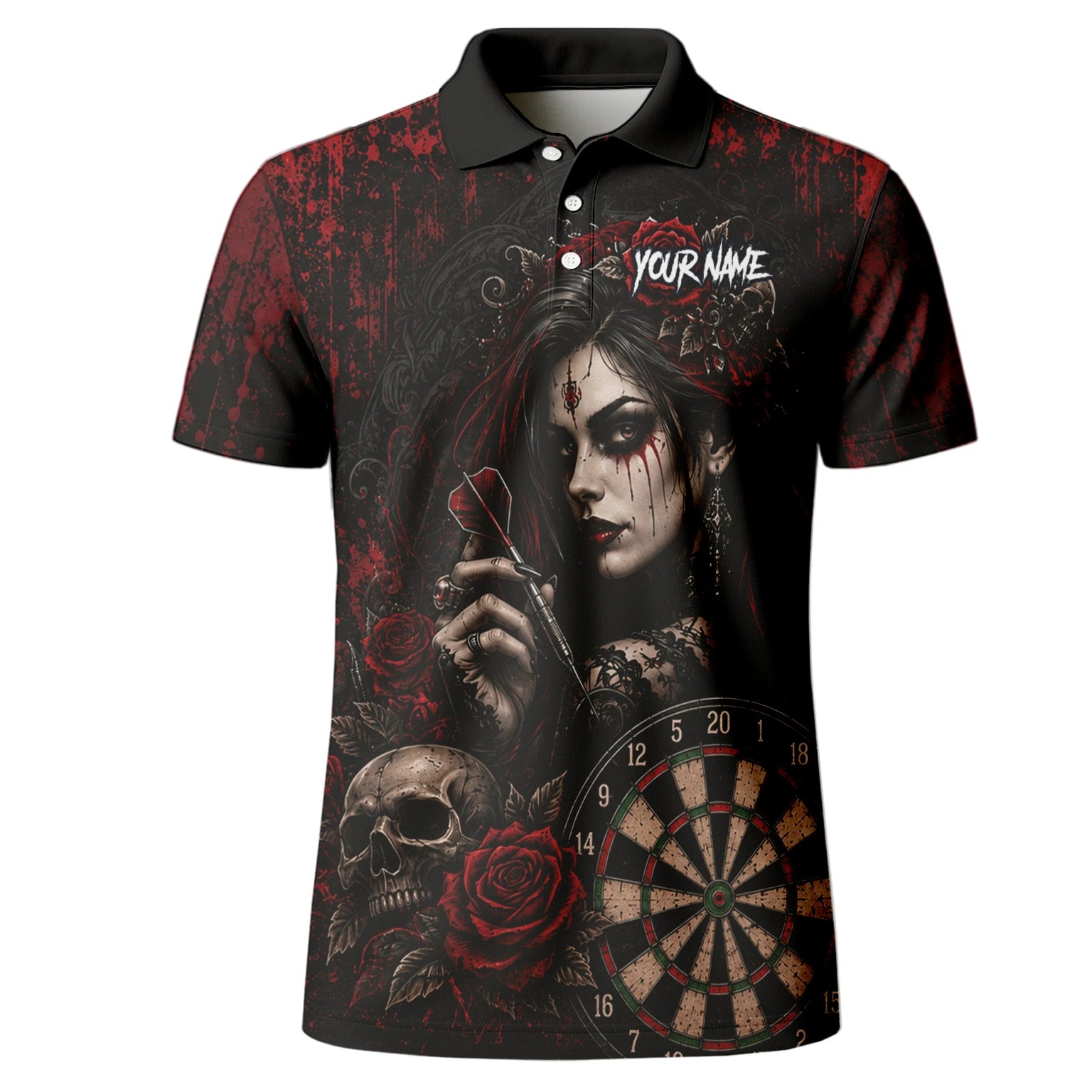 Personalisiertes Schwarz-rotes Gothic-Frauen-Totenkopf-Dartshirt für Herren W035