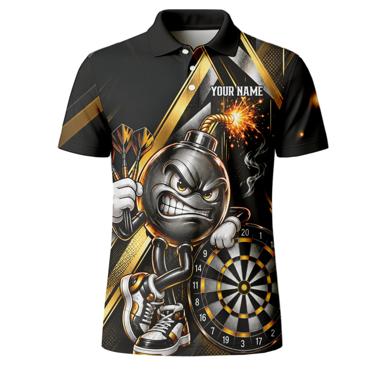 Personalisiertes Dartshirt in Schwarz und Gold mit wütender Comic-Bombe, Pokal und Dartscheibe für Herren R0150