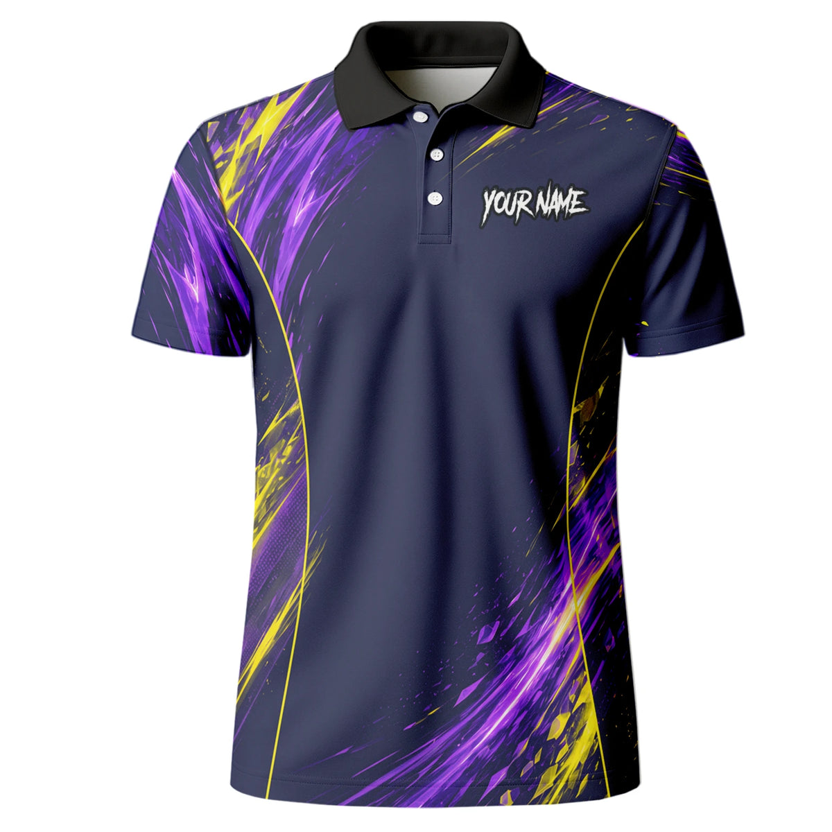 Personalisiertes Dartshirt mit dunkelblau-lila-gelbem abstraktem Design für Herren D517