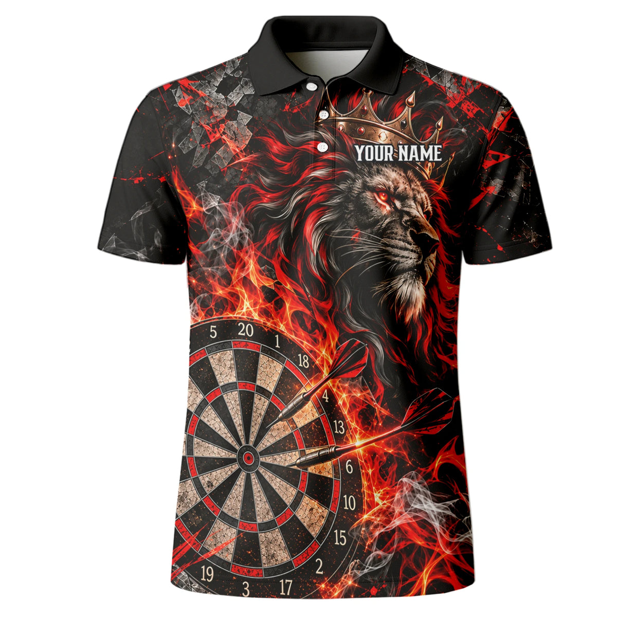 Personalisiertes Dartshirt in Schwarz und Rot mit gekröntem Löwen, Flammen und Dartscheibe für Herren O5343