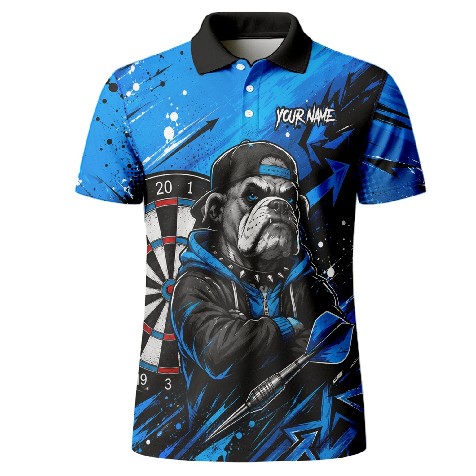 Personalisiertes Blau-schwarzes Bulldoggen-Dartshirt für Herren D529
