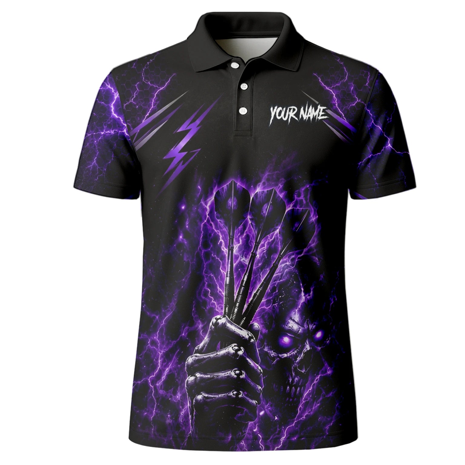 Personalisiertes Schwarz-lila Skeletthand-Dartshirt für Herren H822