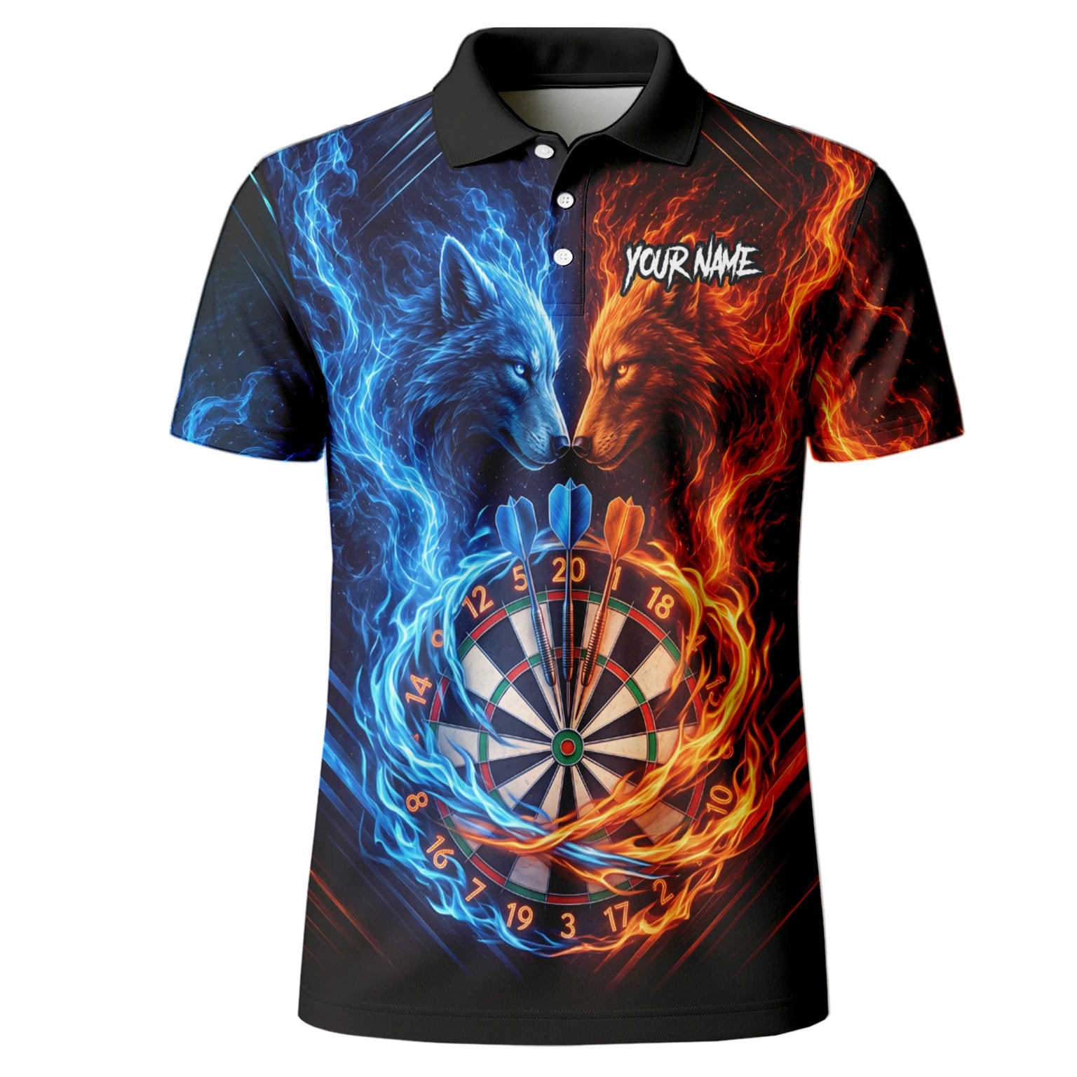 Personalisiertes Blau-oranges Wolf-Flammen-Dartboard Dartshirt für Herren A749