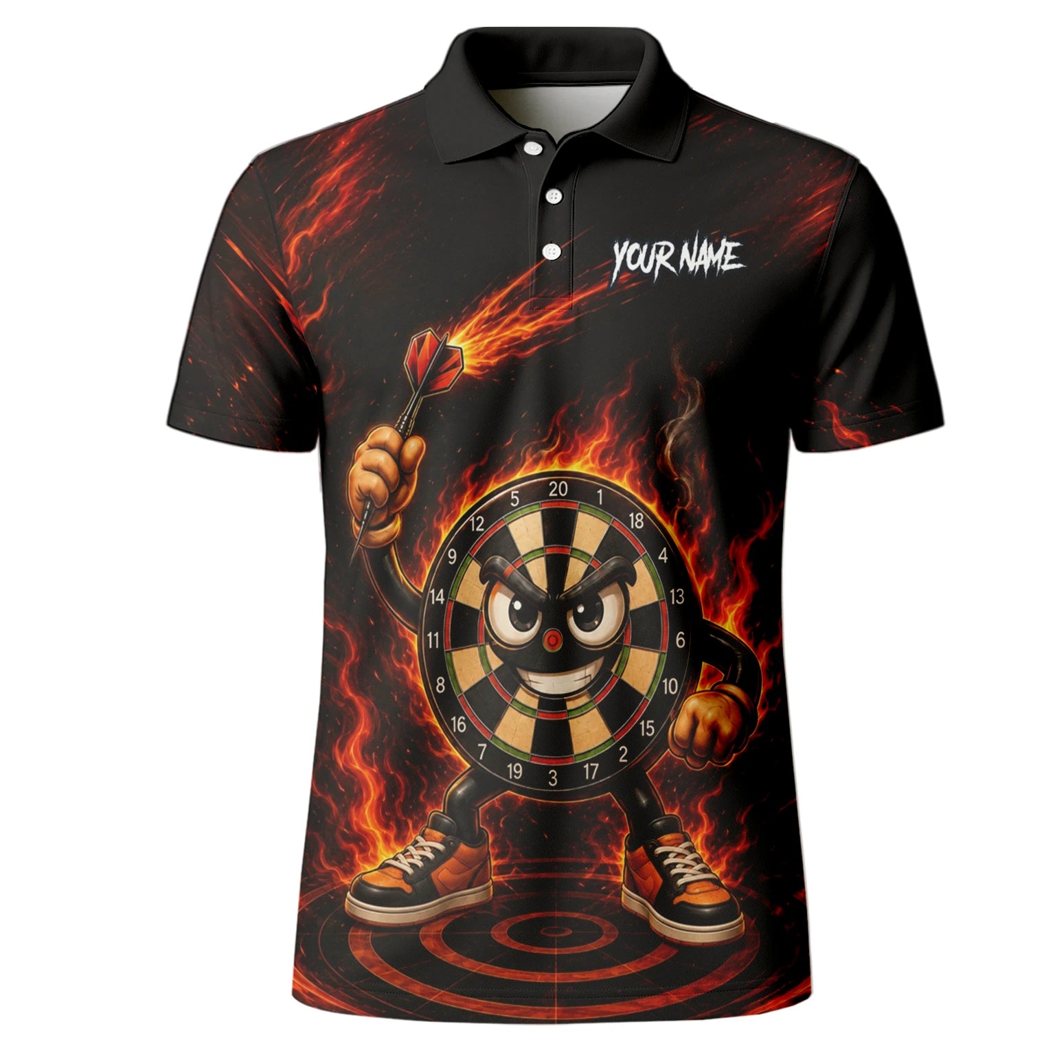 Personalisiertes Schwarz-rotes Flammen-Dartboard-Dartshirt für Herren W224