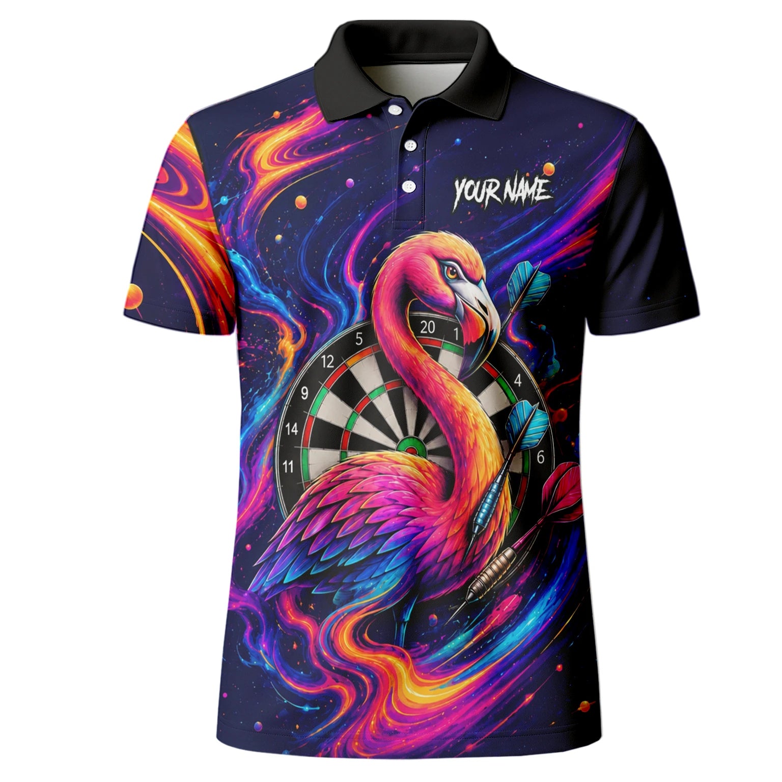 Personalisiertes Neon-Flamingo-Galaxie Dart Poloshirt für Herren D064