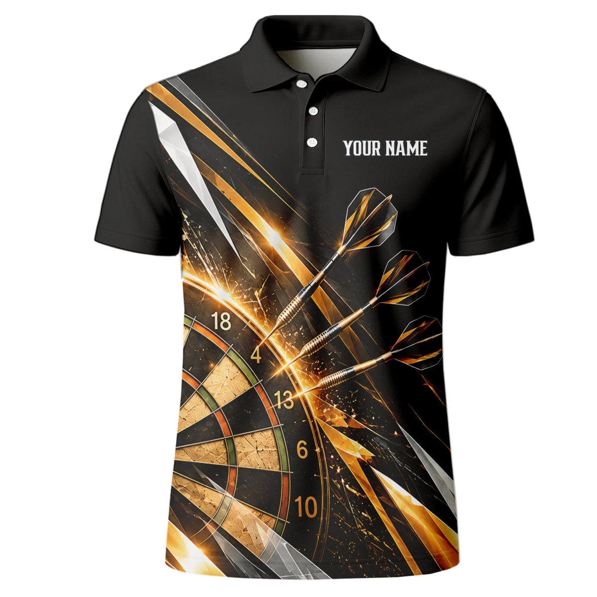 Personalisiertes Dartshirt in Schwarz, Gold und Weiß mit geometrischen Linien, Dartpfeilen, Krone und Dartscheibe für Herren V3775