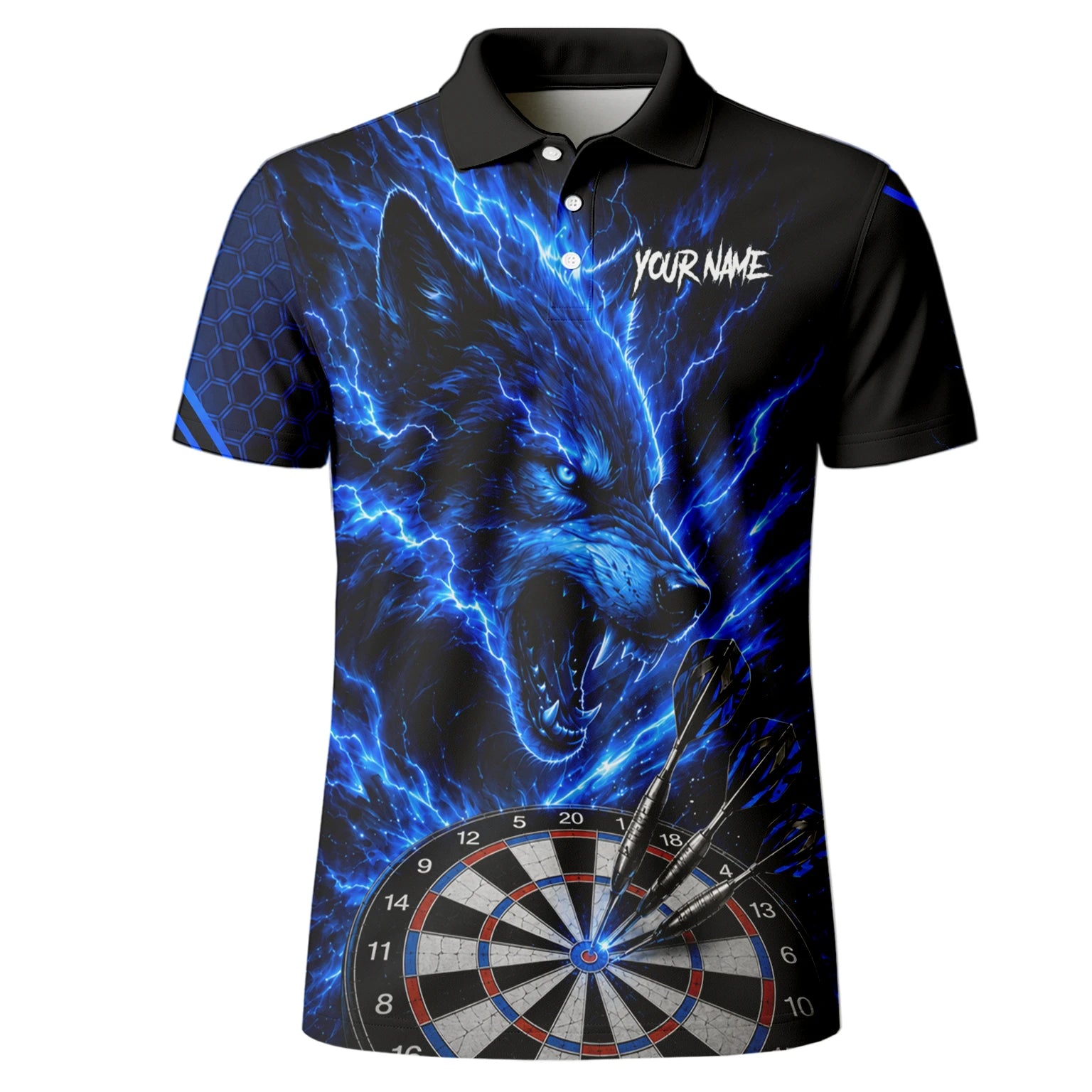 Personalisiertes Schwarz-blaues Wolf-Blitz-Dartshirt für Herren Y375