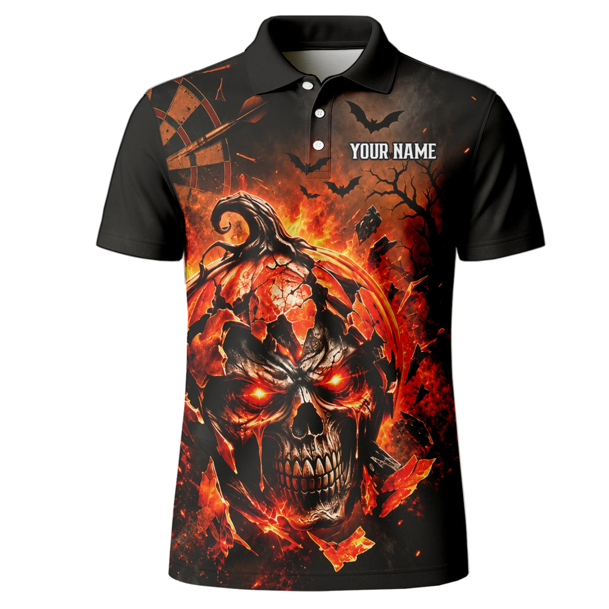 Personalisiertes Dartshirt in Schwarz und Orange mit flammendem Kürbis-Totenkopf und Dartscheibe für Herren S4076