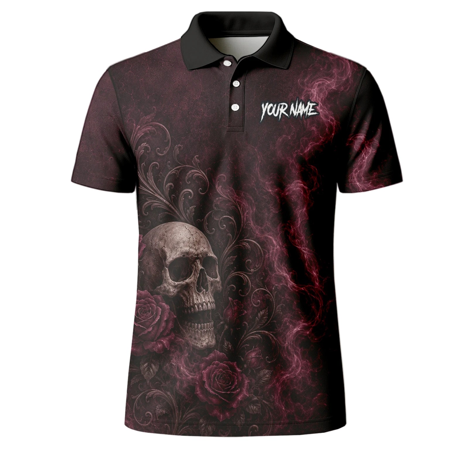 Personalisiertes Dunkelrot-schwarzes Totenkopf-Rosen-Dartshirt für Herren U786