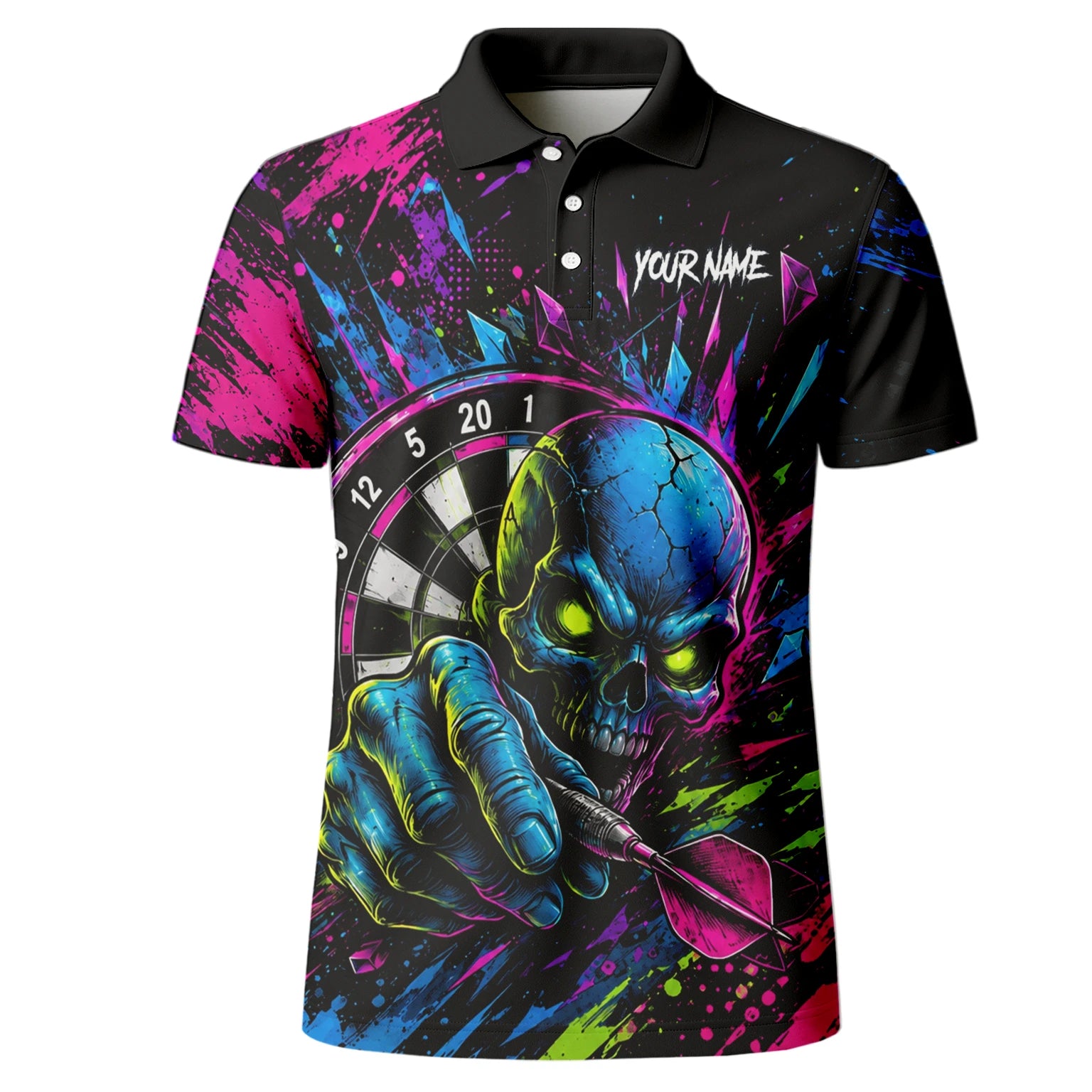 Personalisiertes Neonfarbenes Totenkopf-Dartboard Dartshirt für Herren S232