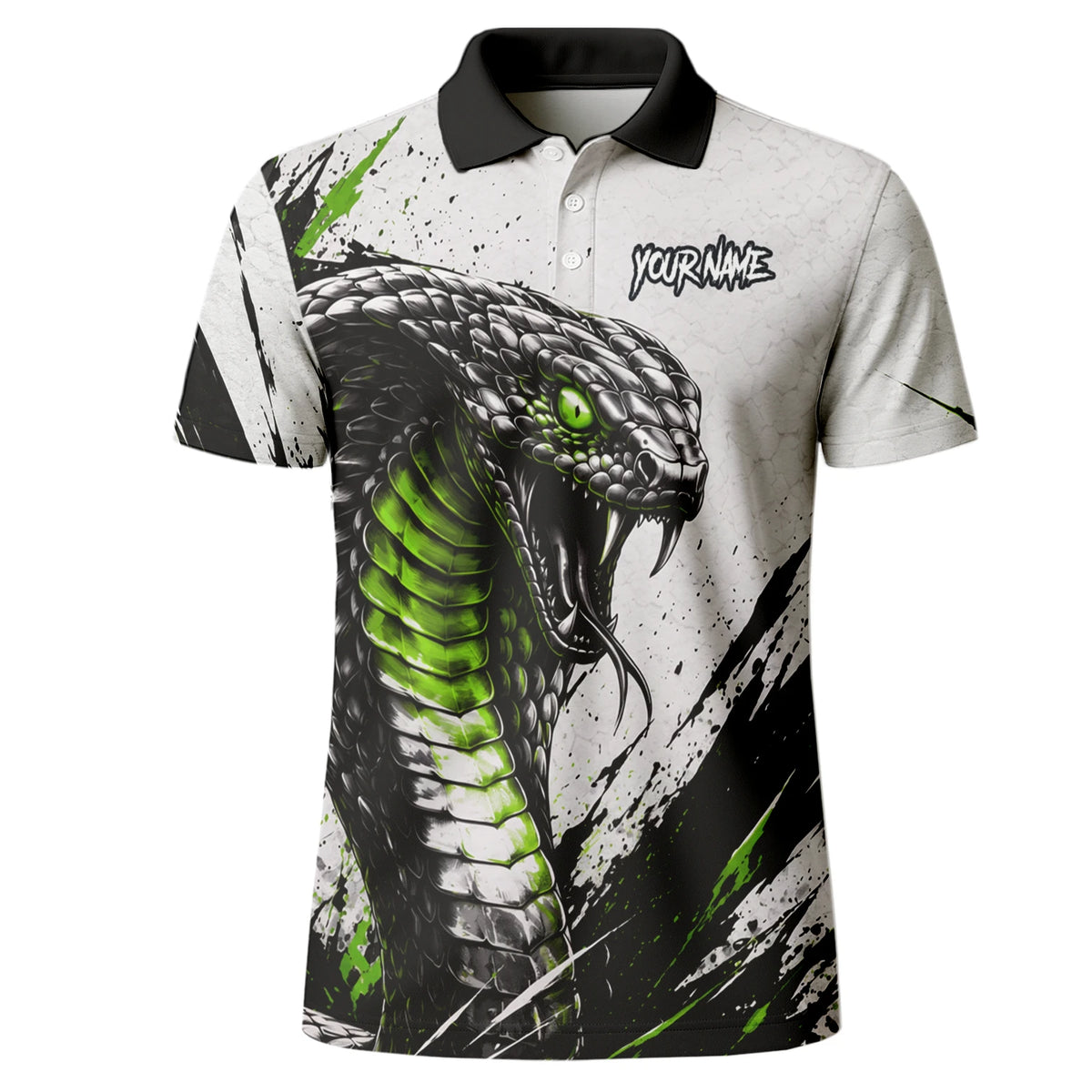 Personalisiertes Dartshirt mit weiß-schwarz-grüner Kobra für Herren A017