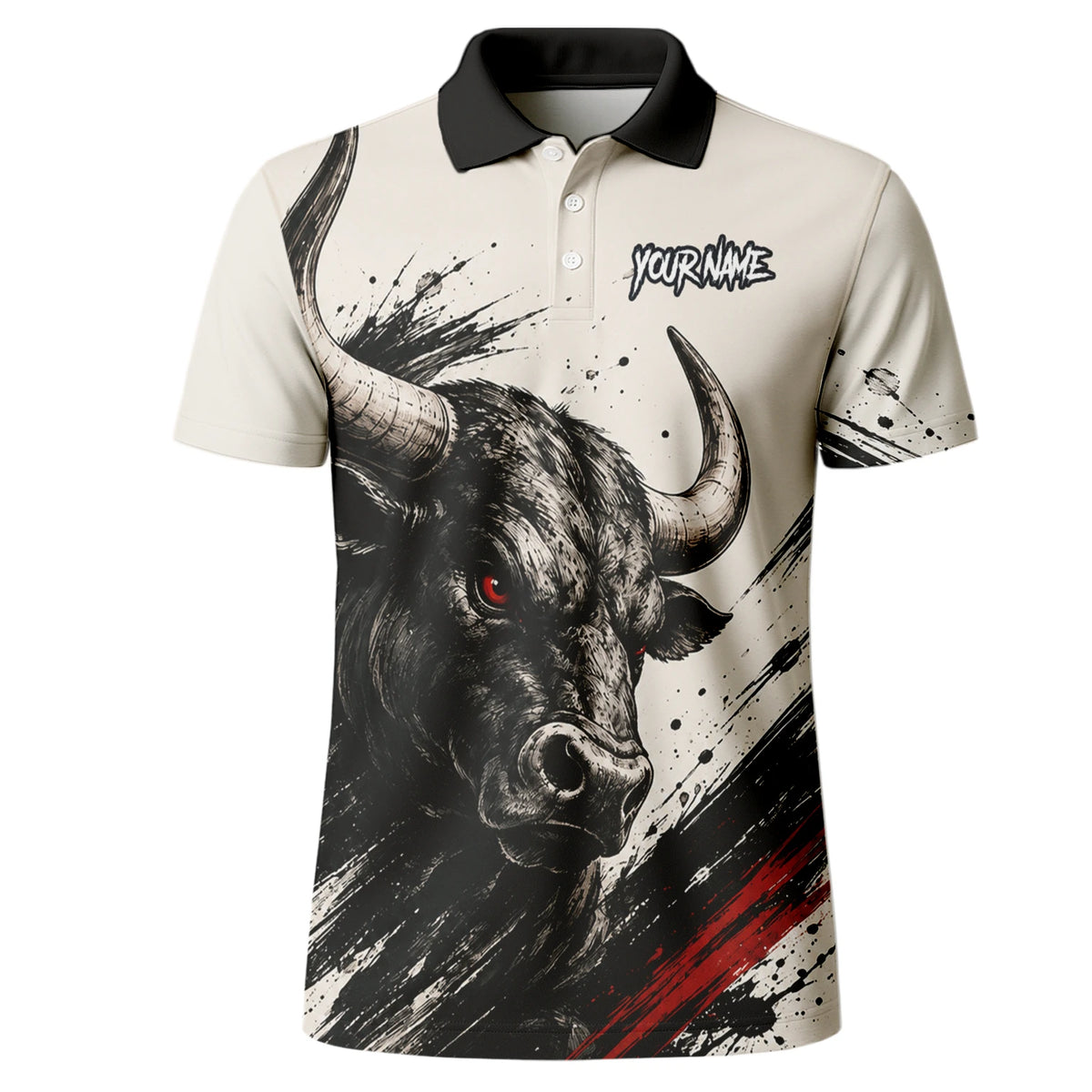 Personalisiertes Dartshirt mit weiß-schwarz-rotem Bullen für Herren H473