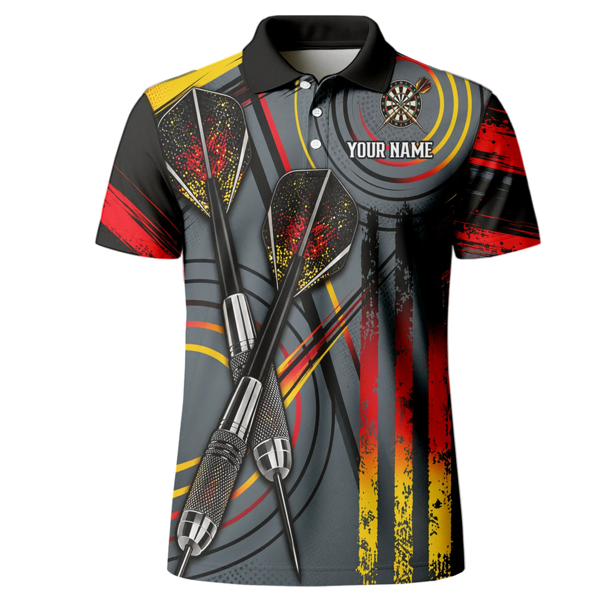 Personalisiertes Dartshirt in Grau, Schwarz, Rot und Gelb mit Dartpfeilen und Dartscheibe für Herren E2718