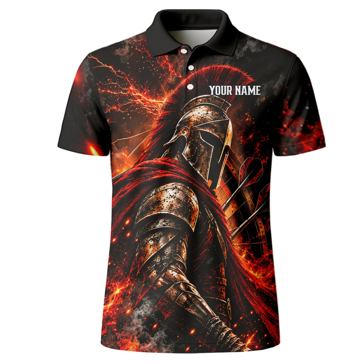 Personalisiertes Dartshirt in Schwarz, Rot und Orange mit Spartanerhelm, Flammen und Dartscheibe für Herren Z3444