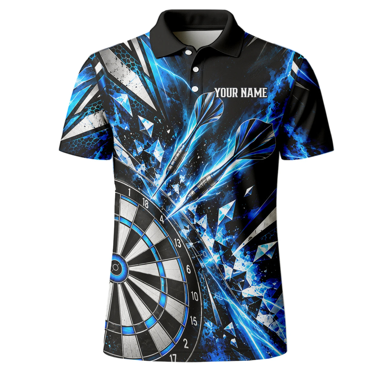 Personalisiertes Dartshirt in Schwarz, Blau und Silber mit geometrischen Splittern, Dartpfeilen und Dartscheibe für Herren N0176
