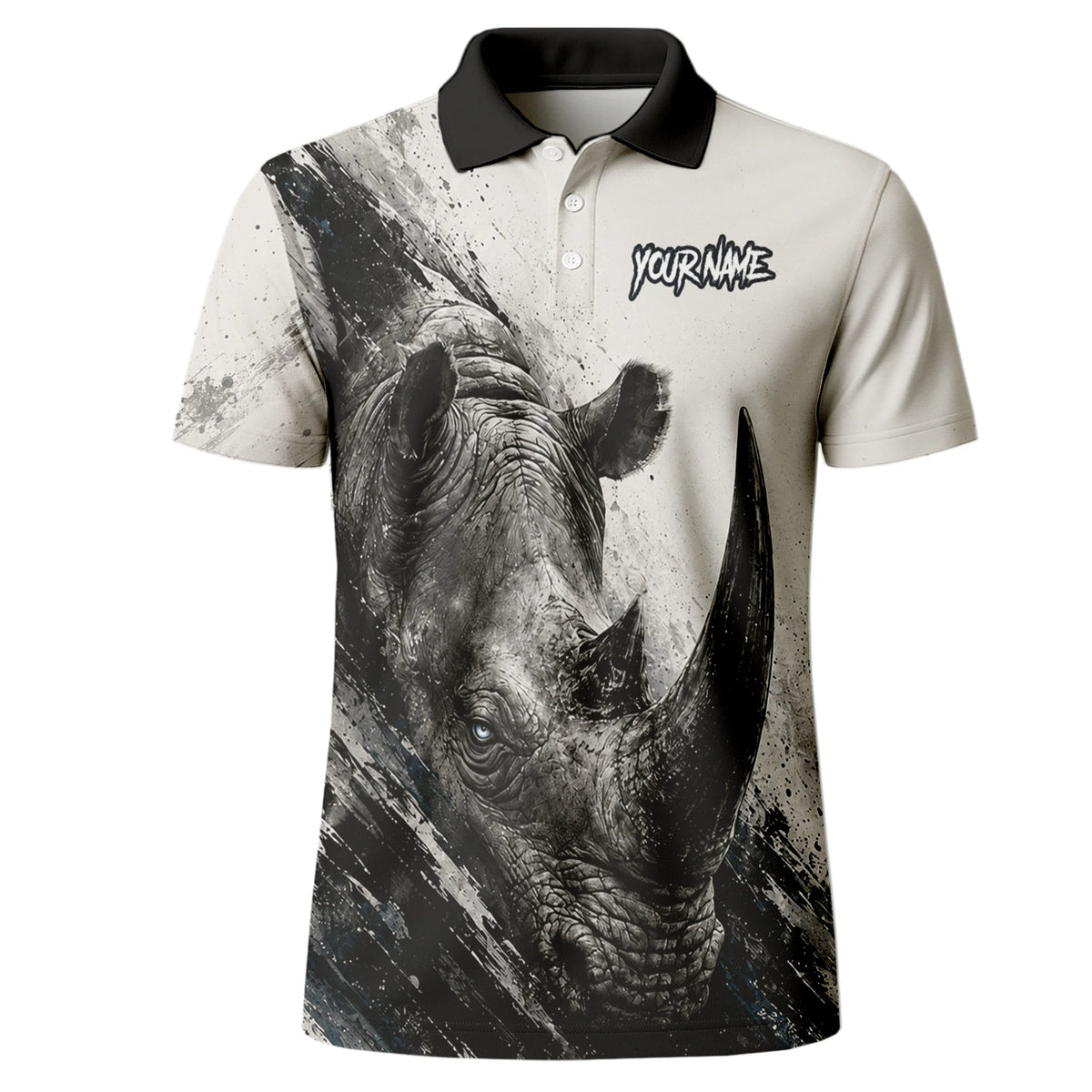 Personalisiertes Dartshirt mit weiß-schwarz-grauem Nashorn für Herren C312